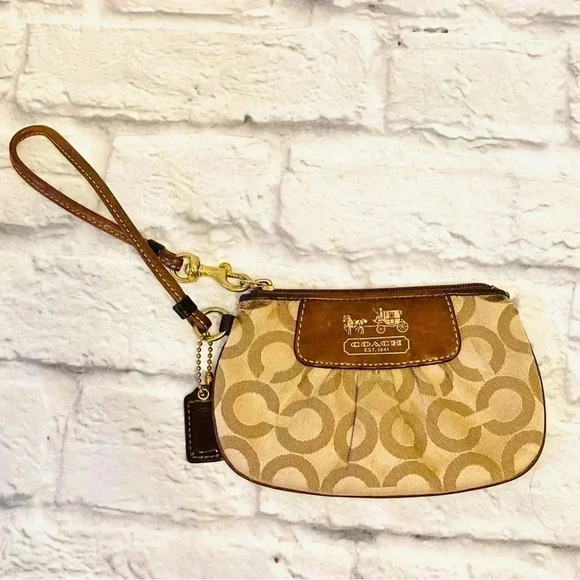 Coach Signature Wristlet Tan with Brown Leather & Gold Hardware. - Picture 1 of 9